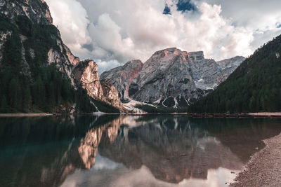 Lake braies at sunset in autumn