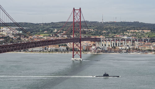 View of suspension bridge over river