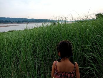 Rear view of girl standing against grass