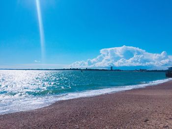 Scenic view of sea against blue sky