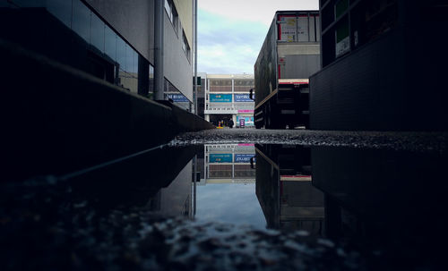 Reflection of buildings in puddle on street