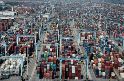 High angle view of modern buildings in city