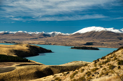 Scenic view of lake and mountains against sky