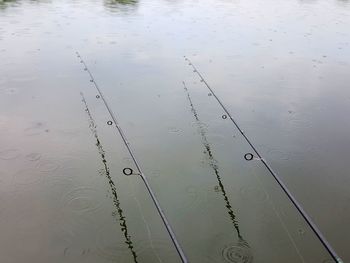 High angle view of raindrops on lake