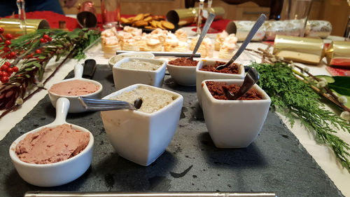 Close-up of food served on table