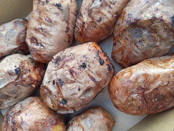 High angle view of meat on barbecue