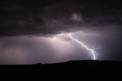 Lightning over silhouette mountains against storm clouds