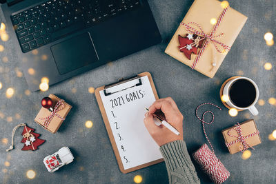 High angle view of christmas decorations on table