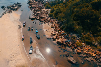 High angle view of people on beach during autumn