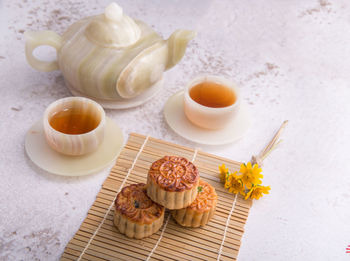 High angle view of breakfast on table