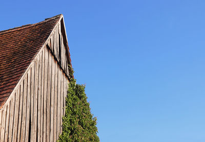 Low angle view of building against clear blue sky