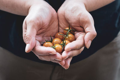 Midsection of person holding cherry tomatoes