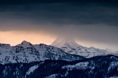 Scenic view of snowcapped mountains against sky during sunset