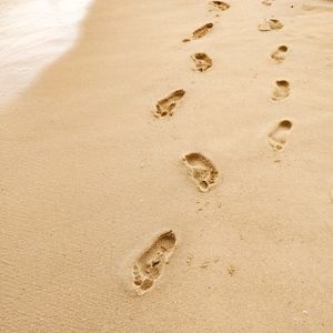 High angle view of footprints on sand at beach