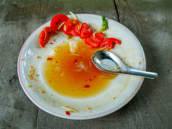 High angle view of breakfast served on table