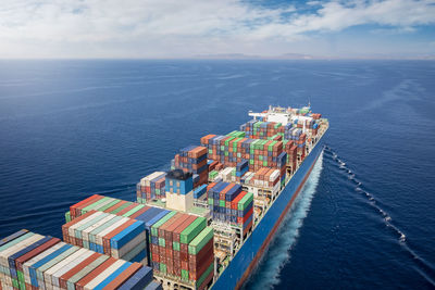 High angle view of ship by sea against sky