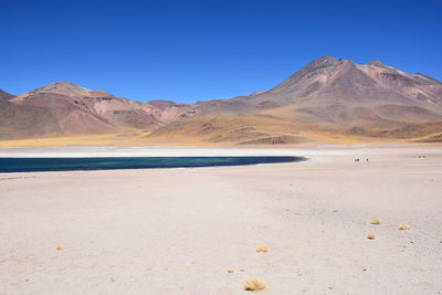 Scenic view of desert against clear blue sky