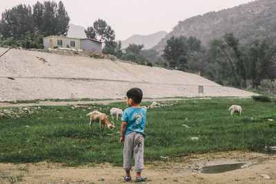 Rear view of boy standing on field