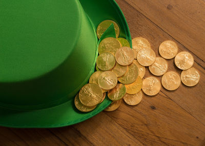 Close-up of coins on table