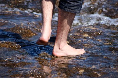 Low section of man standing on beach