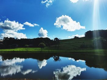 Panoramic shot of reflection of clouds in water