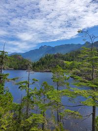 Scenic view of lake and mountains against sky