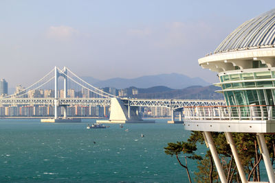 View of suspension bridge over river