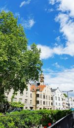 Low angle view of trees and buildings against sky