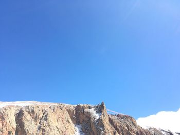 Low angle view of rock formation against clear blue sky