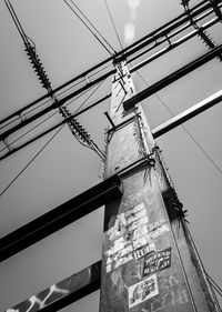 Low angle view of electricity pylon against sky