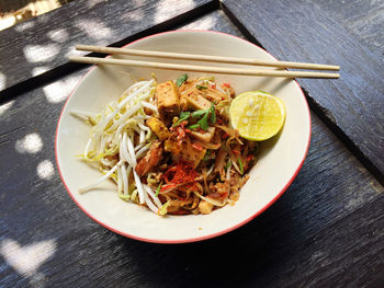 High angle view of meal served on table