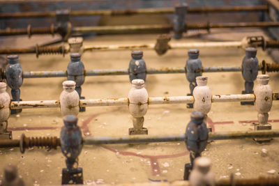 High angle view of birds on railing