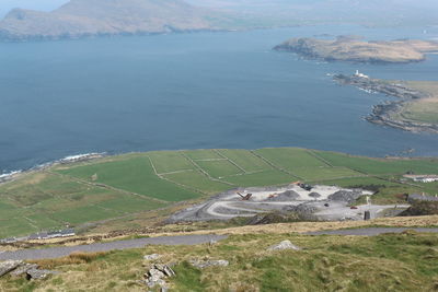 High angle view of sea and mountains