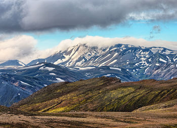 Scenic view of snowcapped mountains against sky