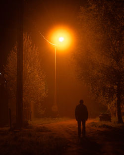 Rear view of silhouette man standing on street at night