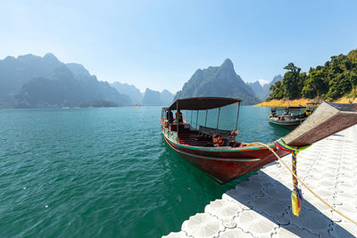 Tourist boat view with nature mountain island scenic landscape khao sok national park in thailand