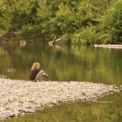 Man fishing in lake