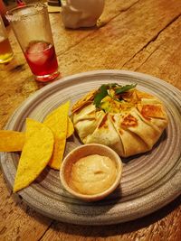 High angle view of food served on table