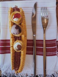 High angle view of dessert in plate on table