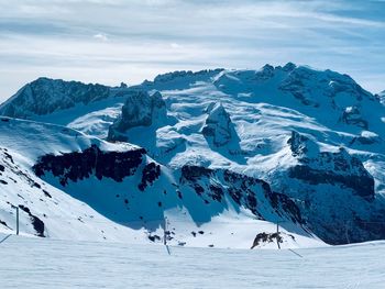 Scenic view of snowcapped mountains against sky