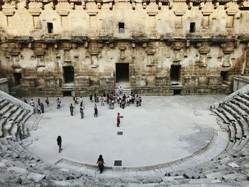 High angle view of people in front of building