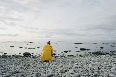 Rear view of person on rocks at beach against sky