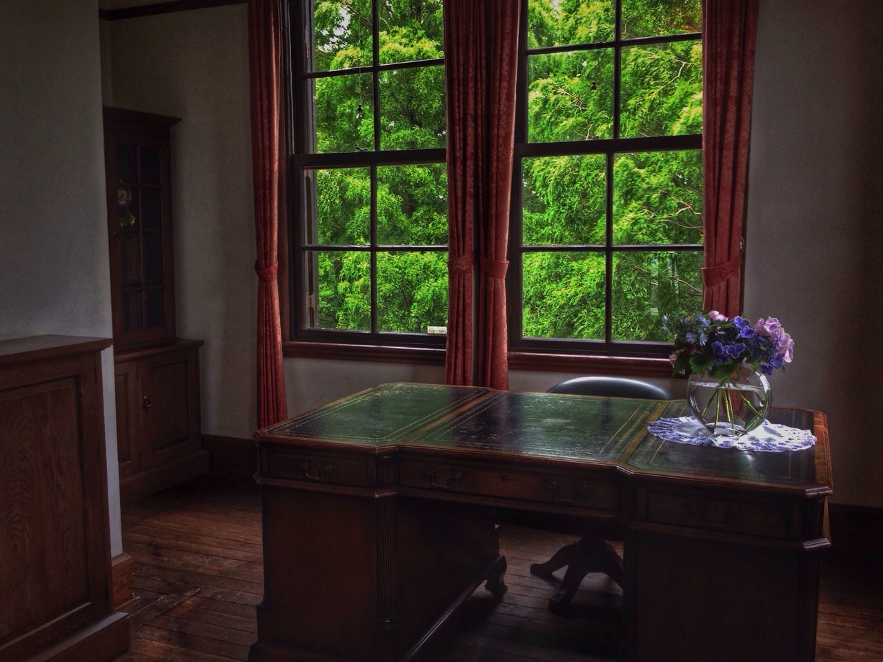 indoors, window, glass - material, home interior, transparent, potted plant, table, house, absence, window sill, wood - material, plant, curtain, door, chair, tree, sunlight, growth, empty, day