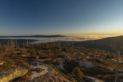 Scenic view of land against sky during sunset