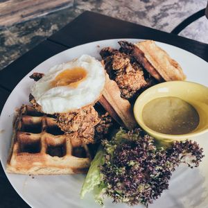 High angle view of food in plate on table