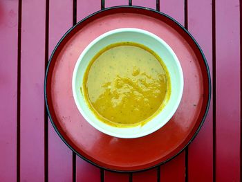 High angle view of soup in bowl on table