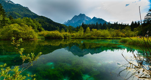 Scenic view of lake and mountains against sky