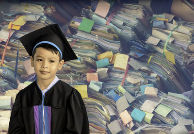 Boy in graduation gown standing against books