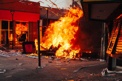 View of burning house outdoors