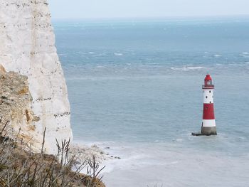 Lighthouse by sea against sky